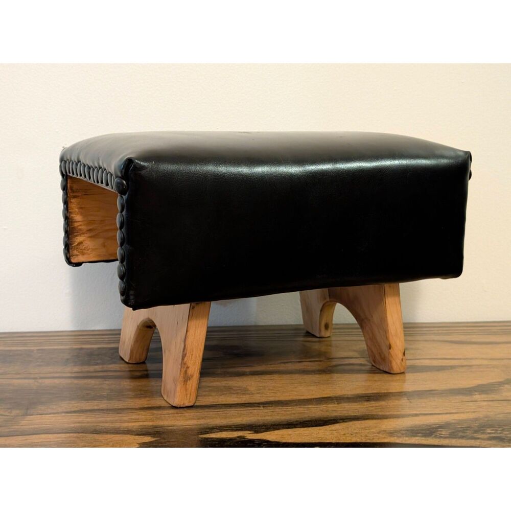 Vintage Authentic Solid Hardwood & Genuine Leather Primitive Barn Stool